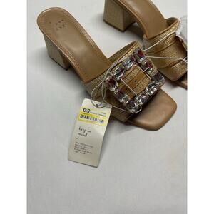 A New Day Kathleen/Kelsey Rhinestone Buckle Raffia Heeled Slide Sandals, Size 8